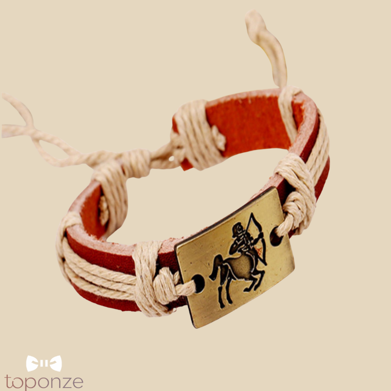 Pulseira Masculina Couro com Signos do Zodíaco — Estilo Artesanal