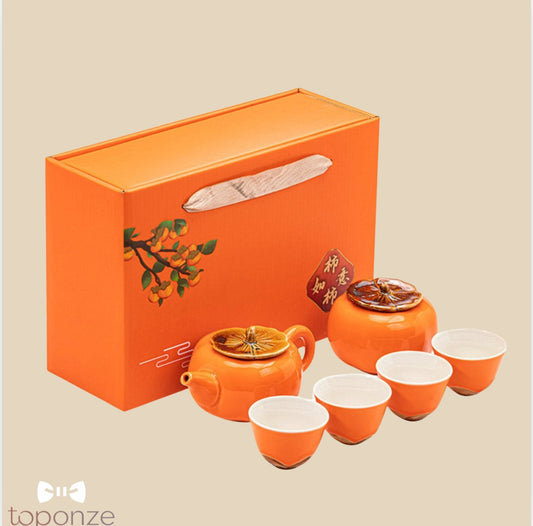 Conjunto de Chá em Cerâmica – Elegância Oriental em Laranja