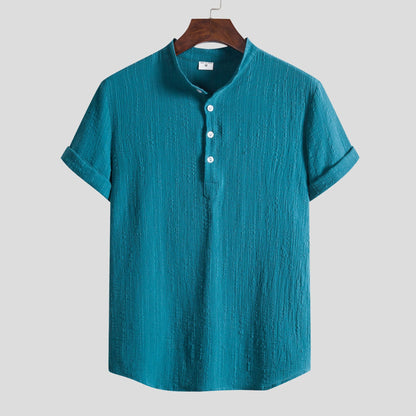 Camisa de cuello mandarín de algodón y lino para hombre: informal y elegante