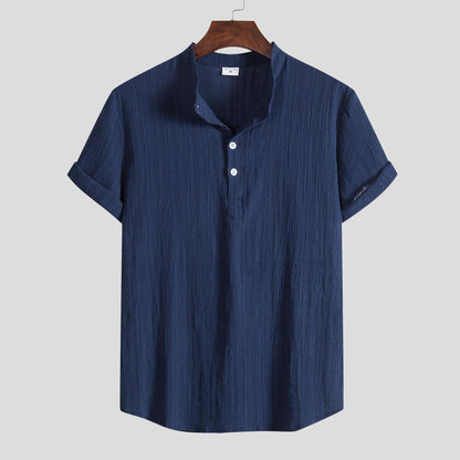 Camisa de cuello mandarín de algodón y lino para hombre: informal y elegante
