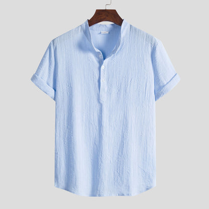 Camisa de cuello mandarín de algodón y lino para hombre: informal y elegante