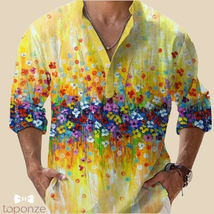 Camisa informal con estampado floral artístico: estilo bohemio y vibrante