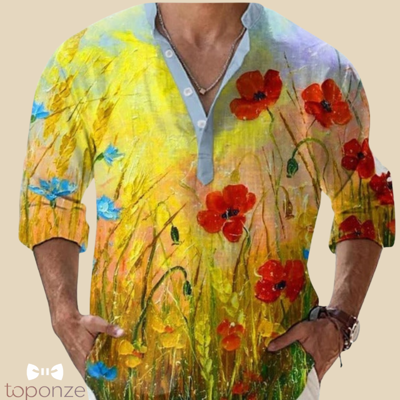 Camisa informal con estampado floral artístico: estilo bohemio y vibrante