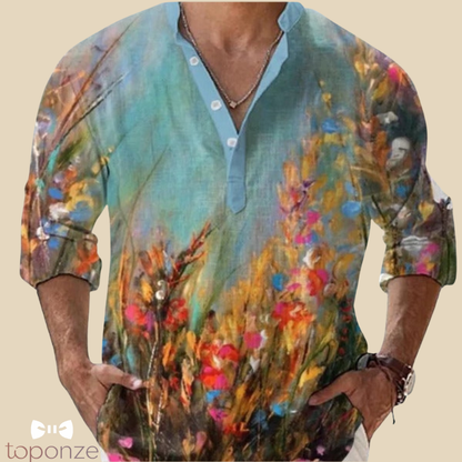 Camisa informal con estampado floral artístico: estilo bohemio y vibrante