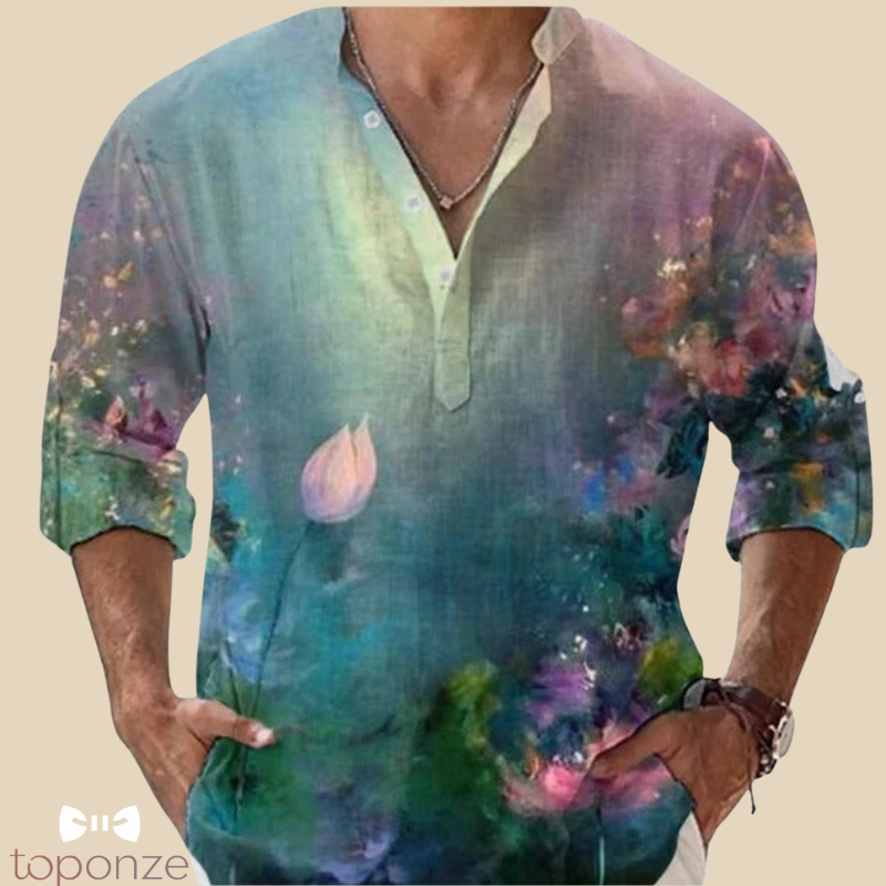 Camisa informal con estampado floral artístico: estilo bohemio y vibrante