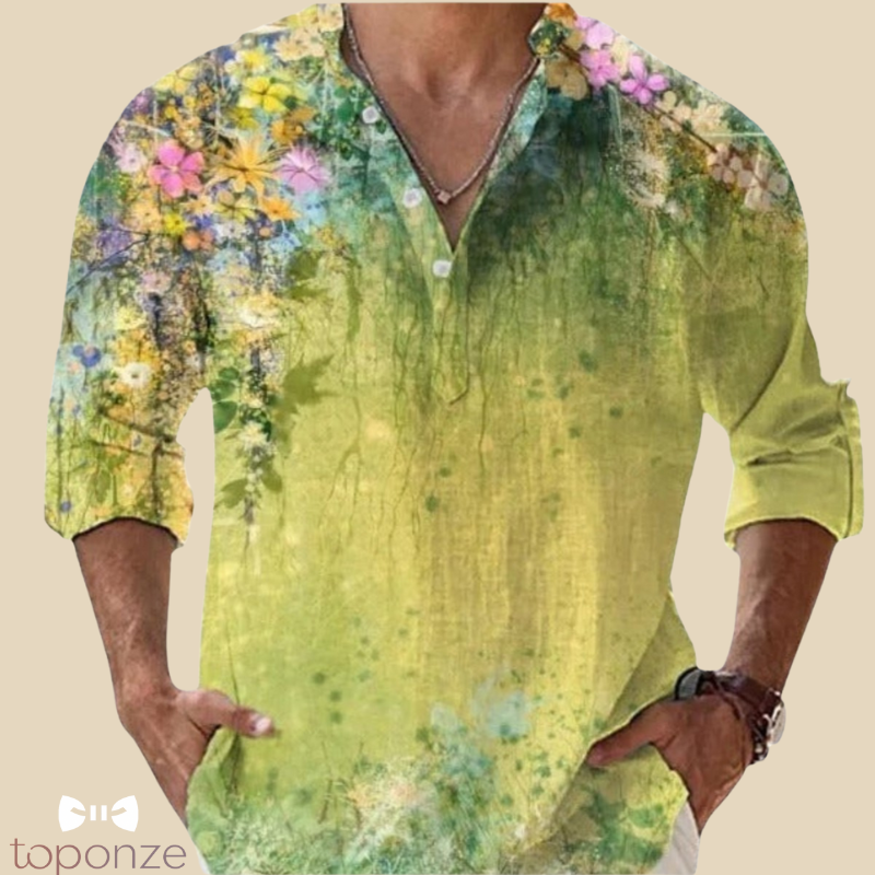 Camisa informal con estampado floral artístico: estilo bohemio y vibrante