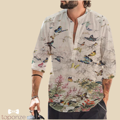 Camisa informal con estampado floral artístico: estilo bohemio y vibrante