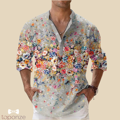 Camisa informal con estampado floral artístico: estilo bohemio y vibrante