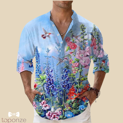 Camisa informal con estampado floral artístico: estilo bohemio y vibrante