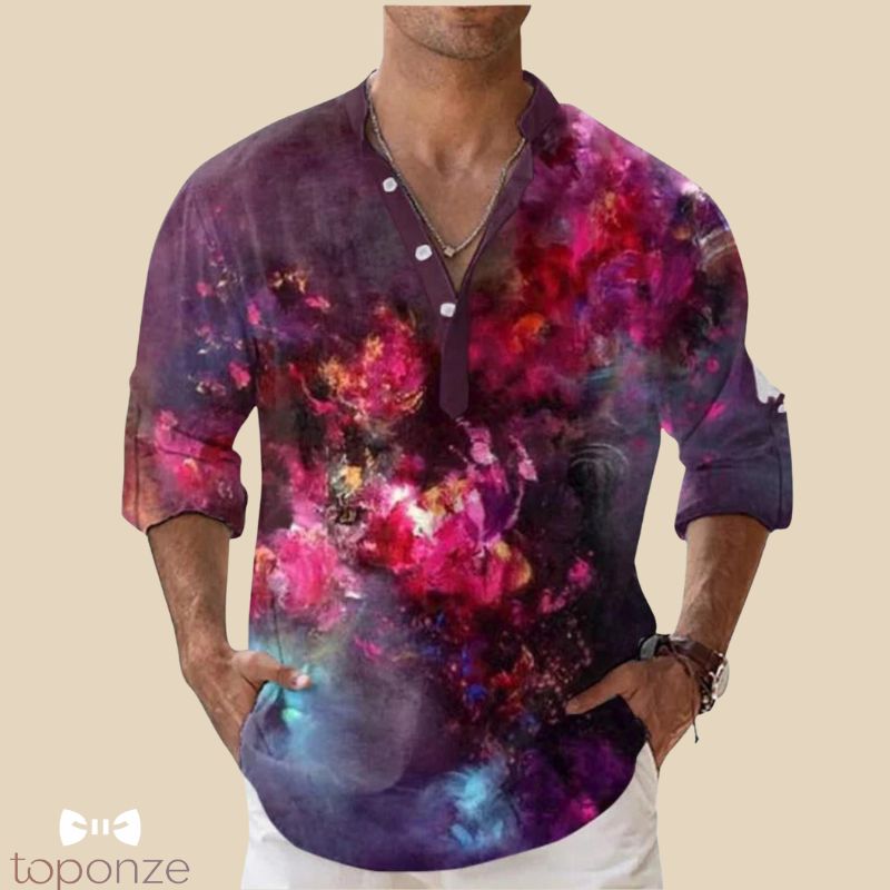 Camisa informal con estampado floral artístico: estilo bohemio y vibrante
