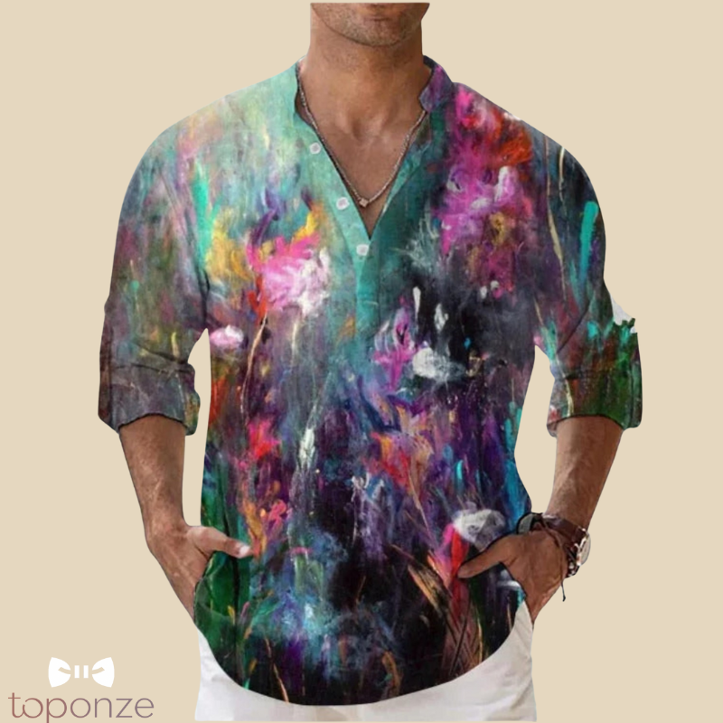 Camisa informal con estampado floral artístico: estilo bohemio y vibrante