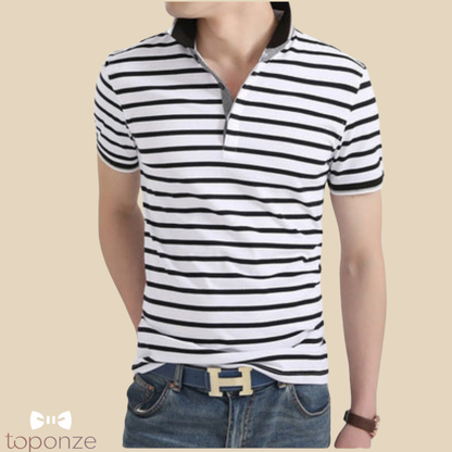 Pólo Masculino Clássico às Riscas Pretas e Brancas