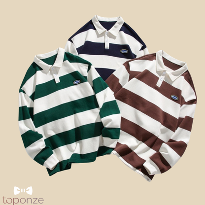 Camisola Polo Masculina às Riscas Largas – Estilo Retro Casual