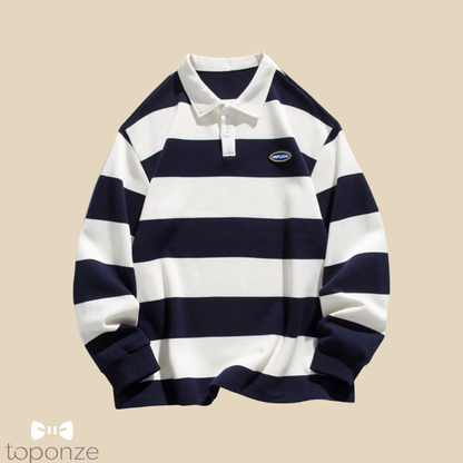 Camisola Polo Masculina às Riscas Largas – Estilo Retro Casual