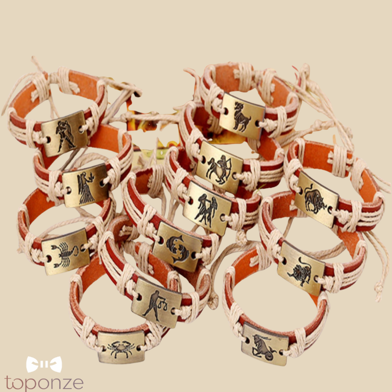 Pulseira Masculina Couro com Signos do Zodíaco — Estilo Artesanal