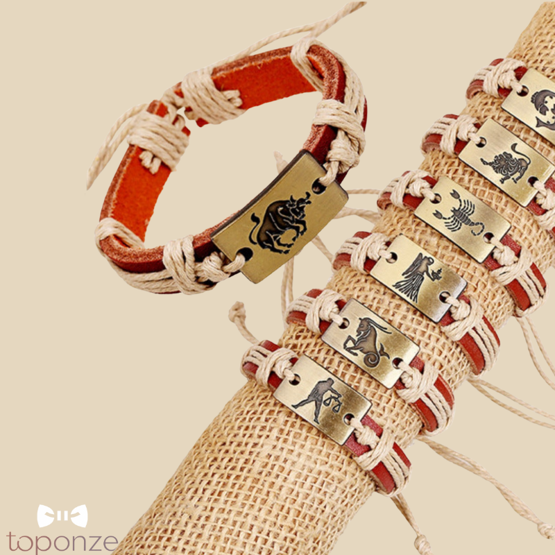 Pulseira Masculina Couro com Signos do Zodíaco — Estilo Artesanal