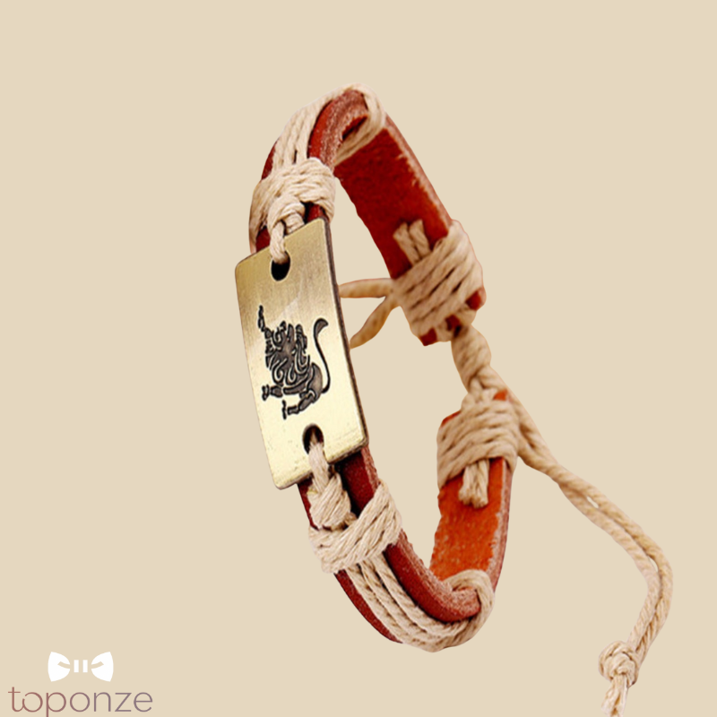 Pulseira Masculina Couro com Signos do Zodíaco — Estilo Artesanal