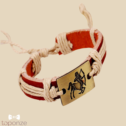 Pulseira Masculina Couro com Signos do Zodíaco — Estilo Artesanal