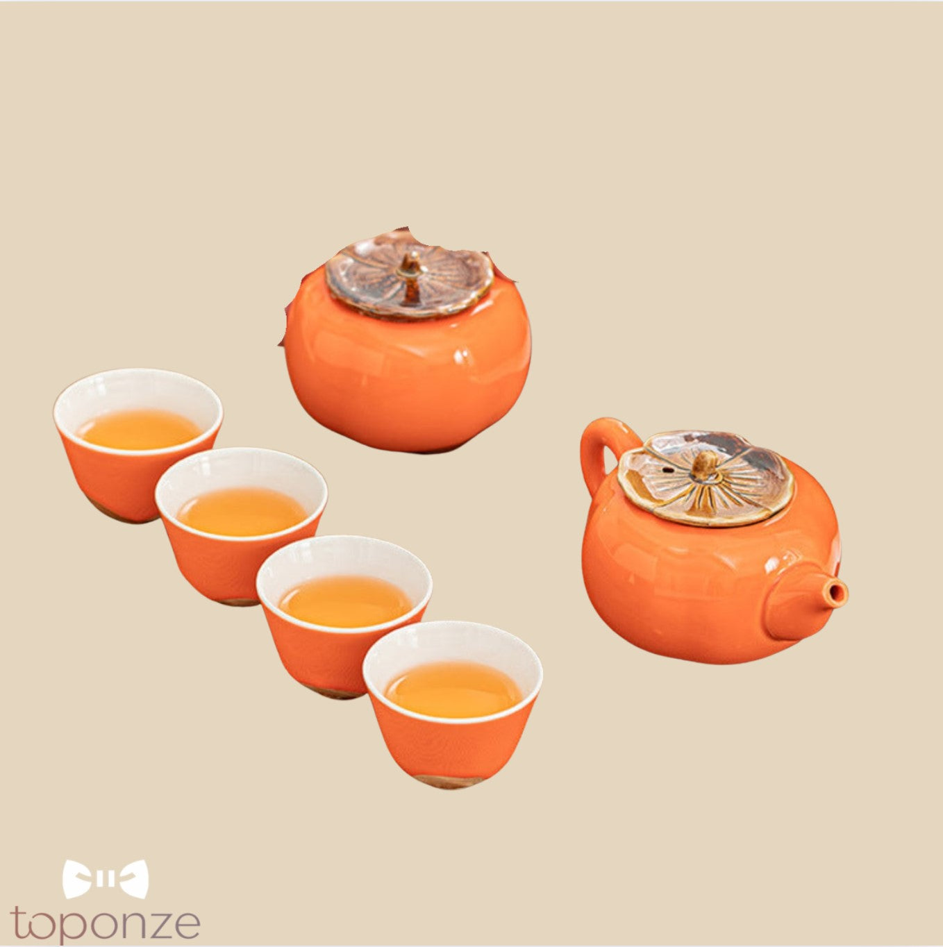Conjunto de Chá em Cerâmica – Elegância Oriental em Laranja