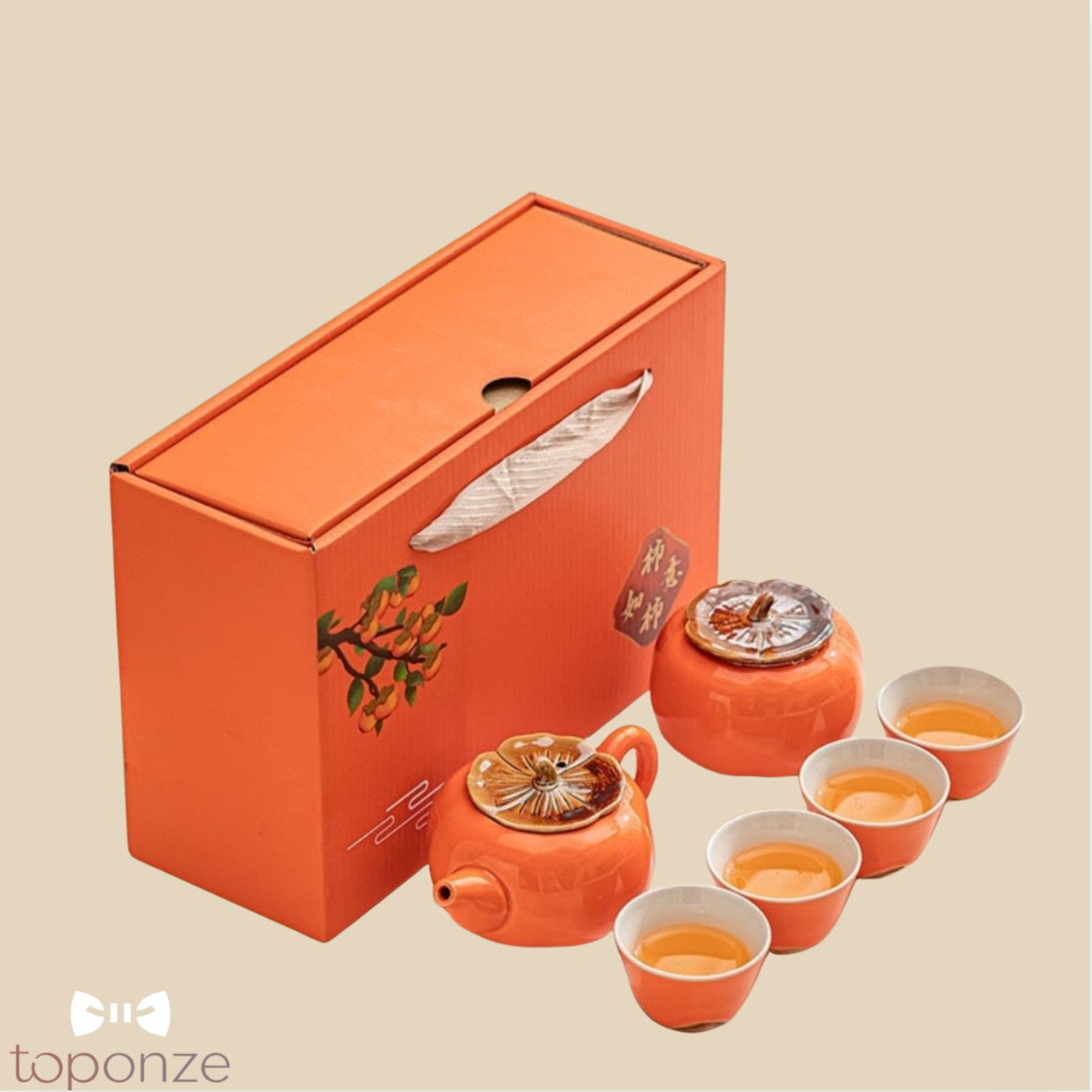 Conjunto de Chá em Cerâmica – Elegância Oriental em Laranja