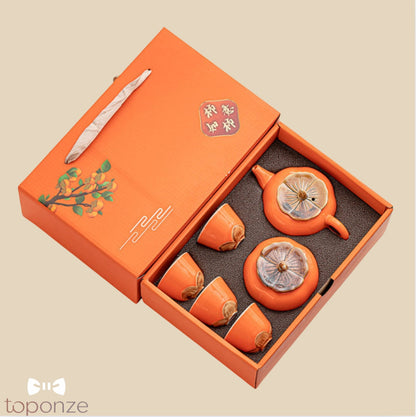 Conjunto de Chá em Cerâmica – Elegância Oriental em Laranja
