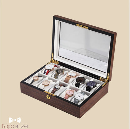 Caixa Luxuosa de Armazenamento para Relógios – Madeira Premium com Tampa de Vidro