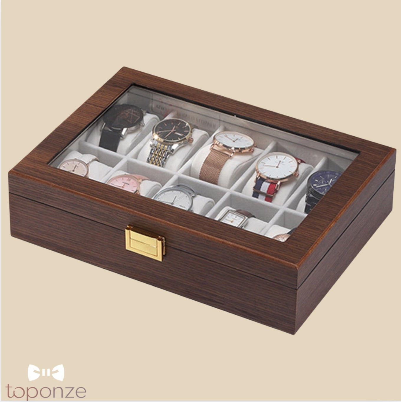 Caixa Luxuosa de Armazenamento para Relógios – Madeira Premium com Tampa de Vidro