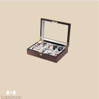 Caixa Luxuosa de Armazenamento para Relógios – Madeira Premium com Tampa de Vidro