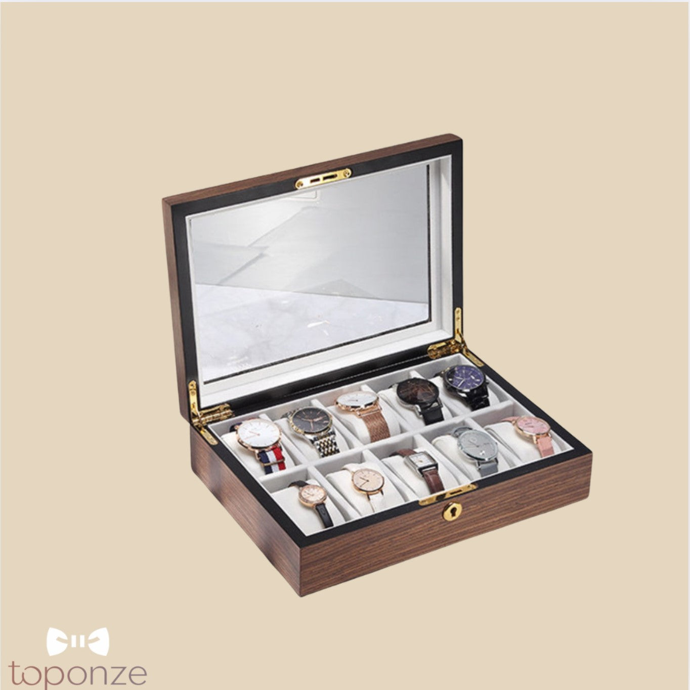 Caixa Luxuosa de Armazenamento para Relógios – Madeira Premium com Tampa de Vidro