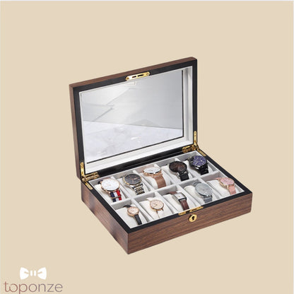 Caixa Luxuosa de Armazenamento para Relógios – Madeira Premium com Tampa de Vidro