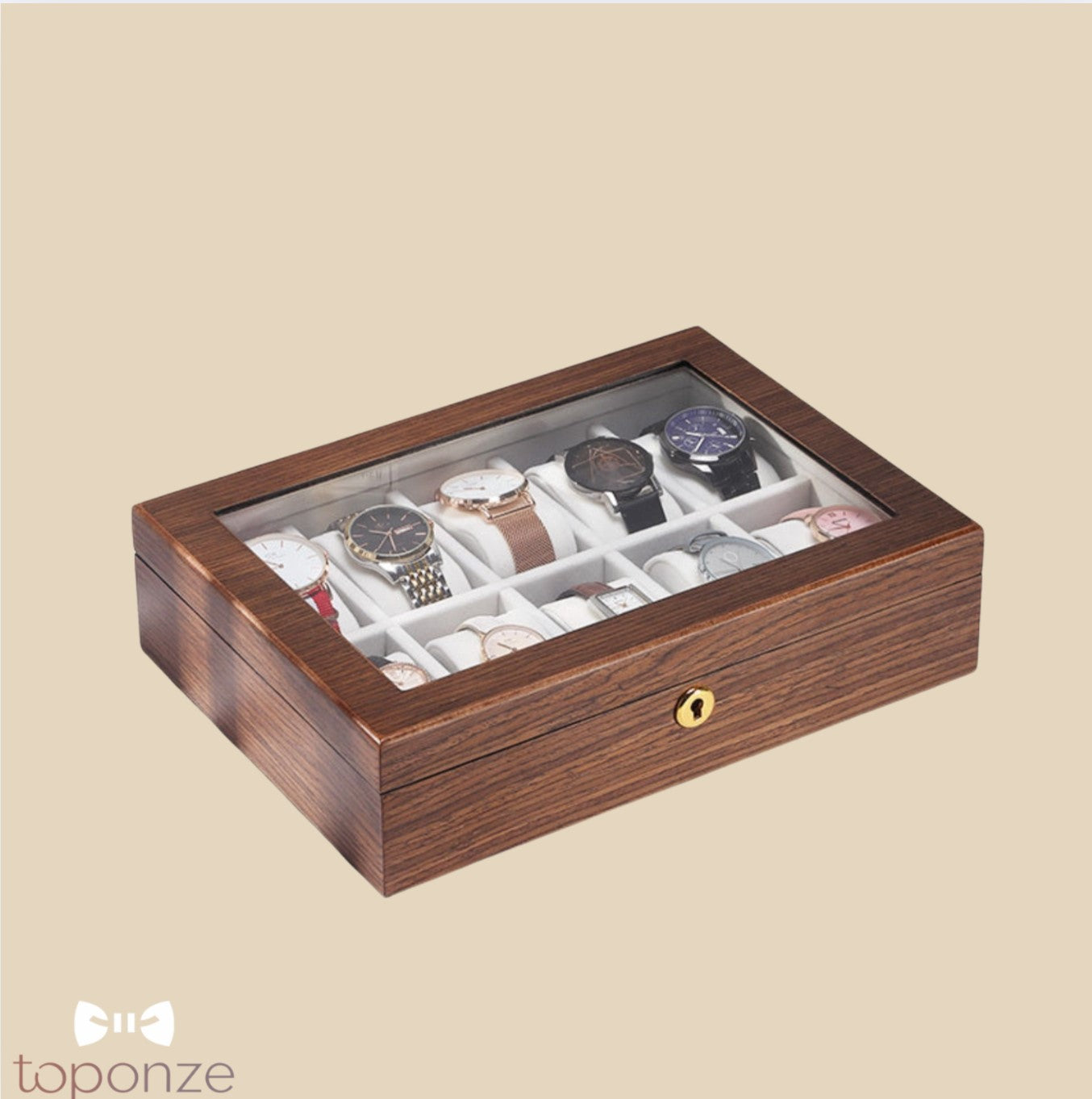 Caixa Luxuosa de Armazenamento para Relógios – Madeira Premium com Tampa de Vidro