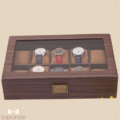 Caixa Luxuosa de Armazenamento para Relógios – Madeira Premium com Tampa de Vidro